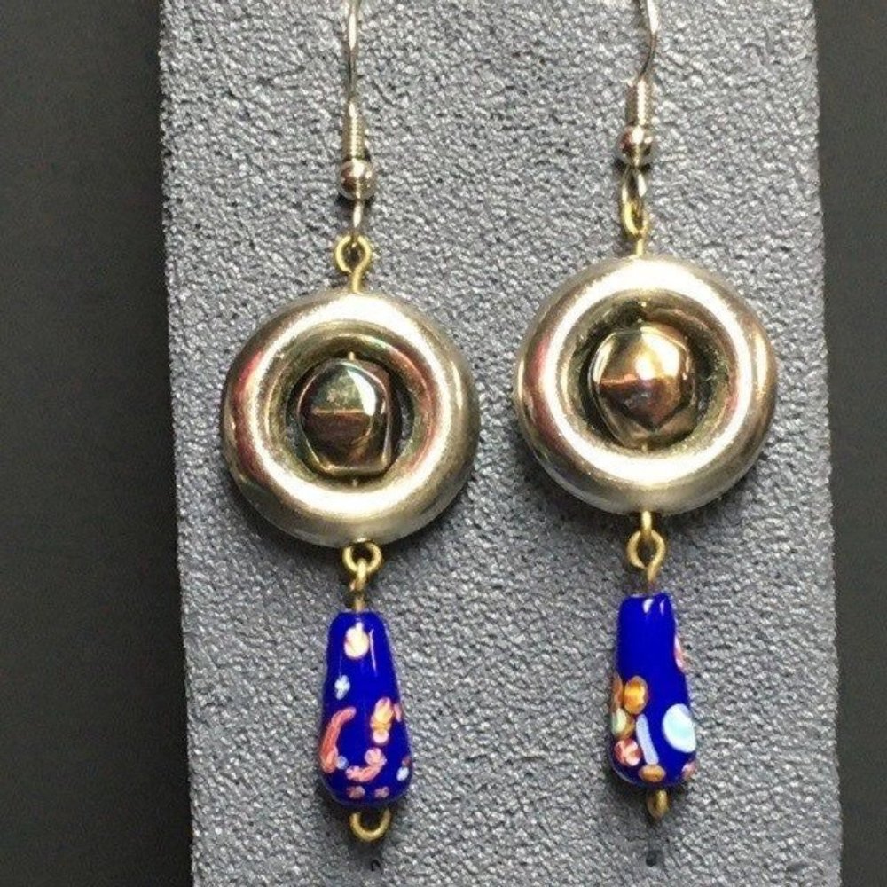 Dangle Pierced Earrings Blue Multicolor Mille Fleur Bead Ring Silver Retro BoHo